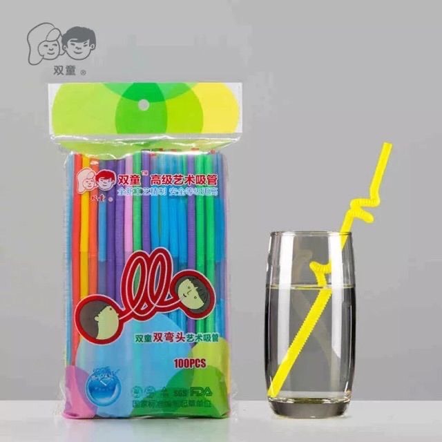 Ống hút 2 đầu xoắn tạo kiểu nhiều màu 100 ống.