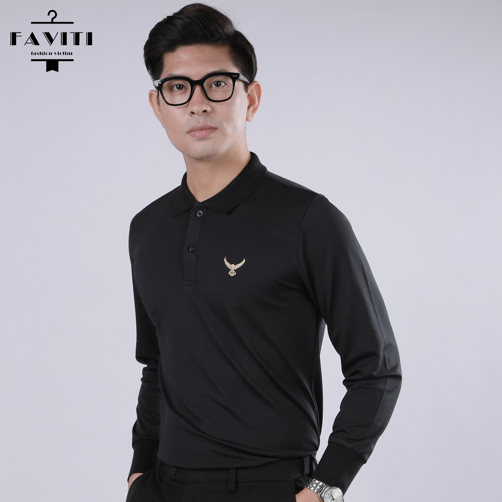 Áo Phông Polo Nam Trơn Thiết Kế Thêu Hình Đại Bàng Cổ Trụ Tay Dài Thời Trang Sang Trọng Cao Cấp FAVITI AT116