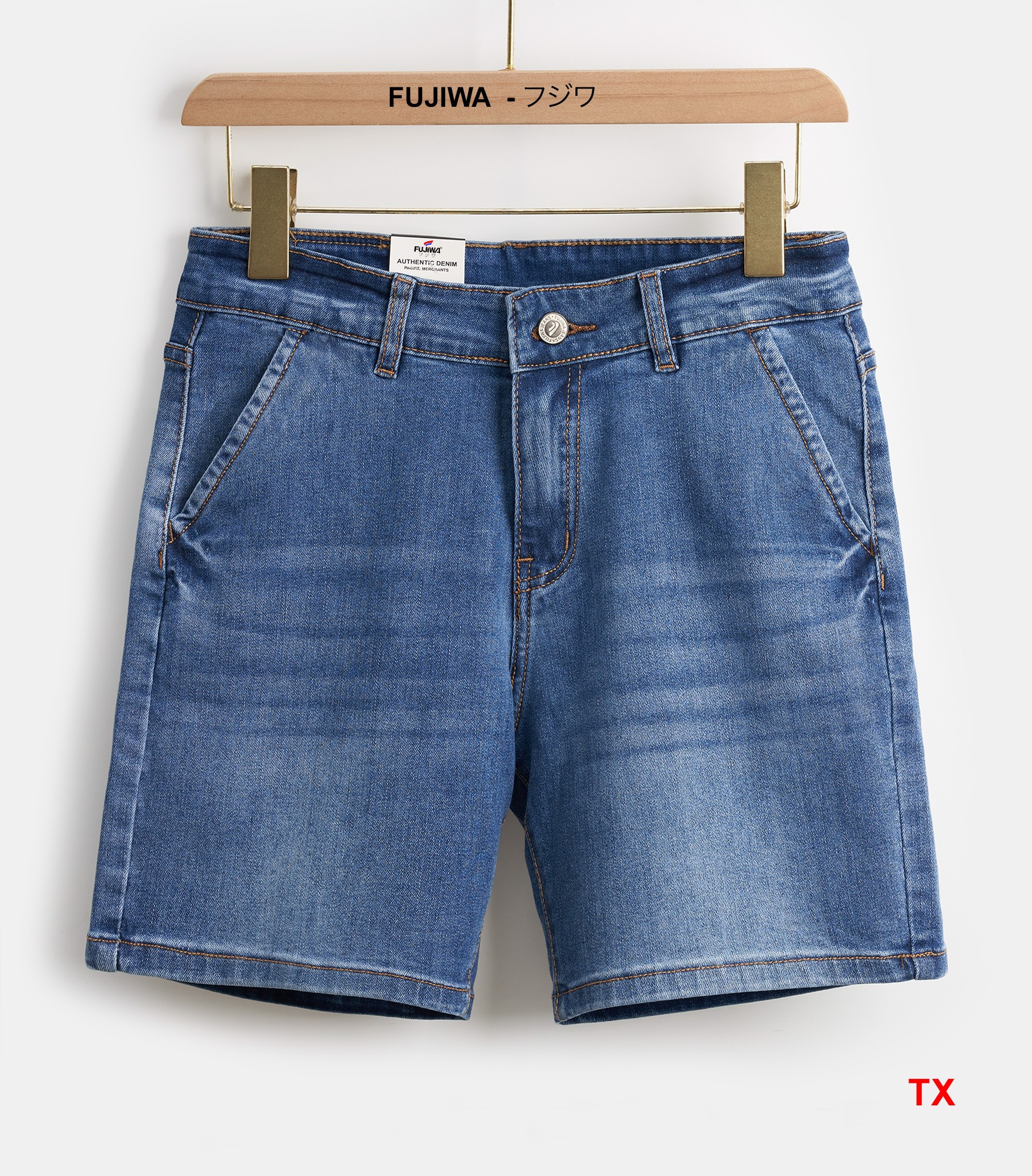 Fujiwa-TX women s Slant pocket jeans shorts. High waist exposed to the
