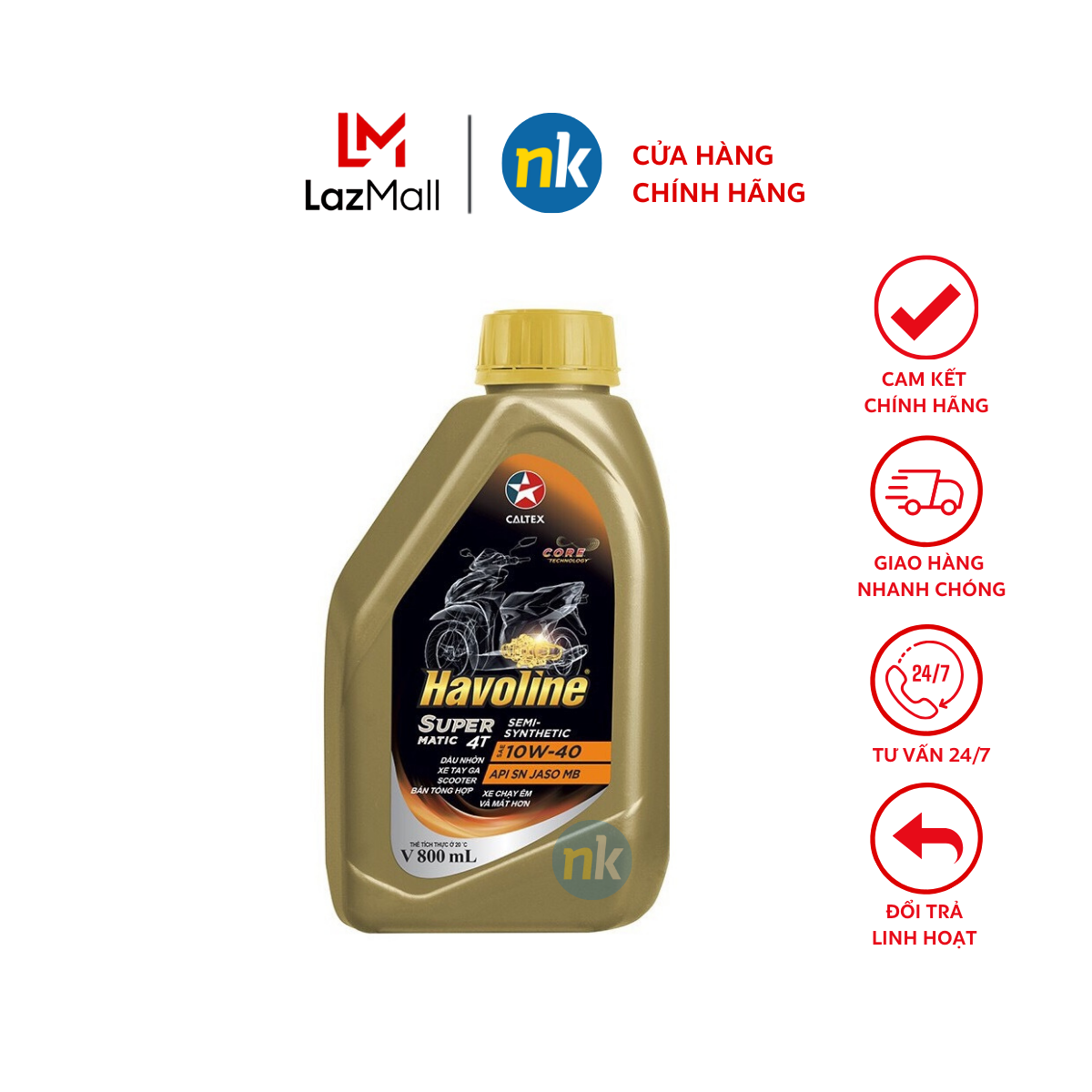 Dầu nhớt xe tay ga cao cấp Caltex Havoline Super Matic Semi 10W40 SN 0.8L MB- dung cho xe Honda ,Yamaha tất cả tay ga đời mới, giá tốt, chất lượng đảm bảo, nhà bán hàng uy tín