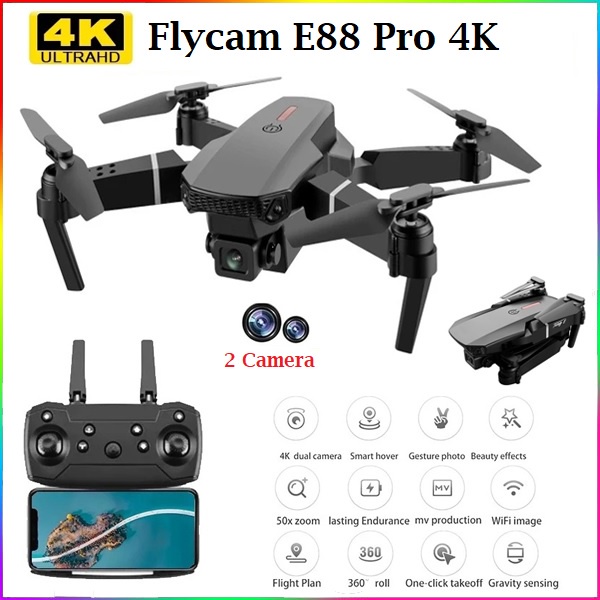 Máy Bay Flycam E88 Pro-2 Camera Siêu Nét , UAV Điều Khiển Từ Xa Không Người Lái, Khả Năng Nhào Lộn 360, Phim Ultra HD Hình Ảnh Siêu Nét ,2 Pin Khủng.