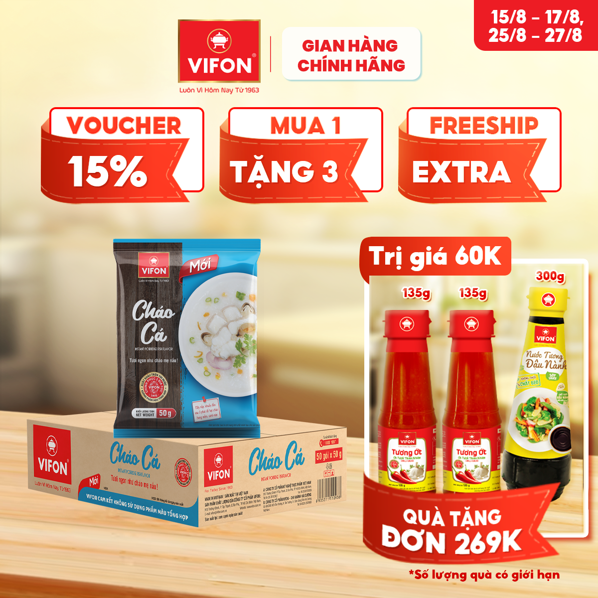 [VOUCHER đến 80K]-Thùng 50 gói Cháo Thịt Bằm/ Cháo Gà/ Cháo Cá VIFON 50gr / Gói
