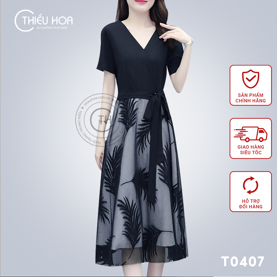 Đầm Trung Niên Thun Cotton Phối Voan Họa Tiết Thanh Lịch Thiều Hoa T0407
