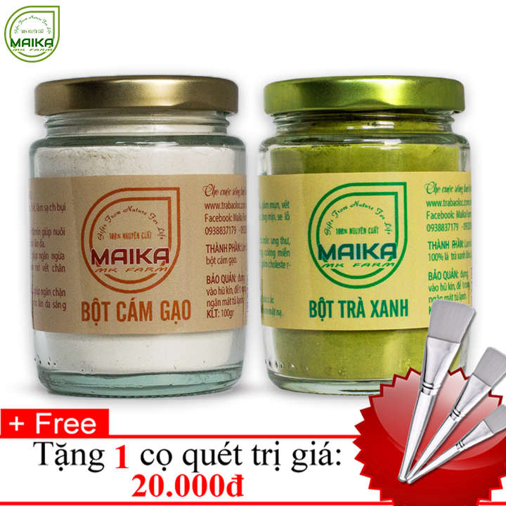 Combo Bột Trà Xanh + Bột Cám Gạo - Nguyên Chất MK Farm (100g/hũ) + Tặng Cọ Quét