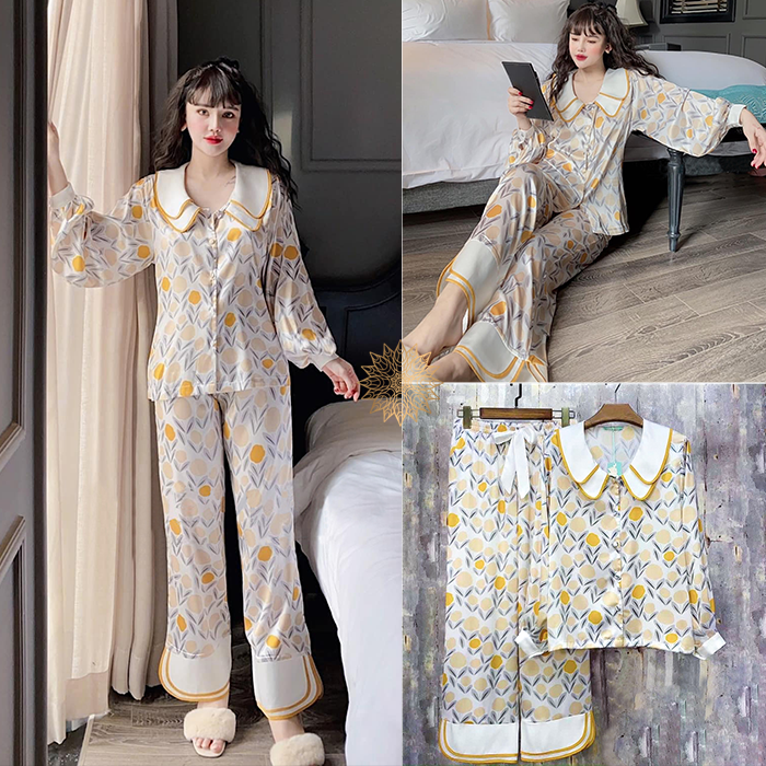 Set đồ ngủ pijama lụa cao cấp hoa vàng, quần dài , size s,m,l