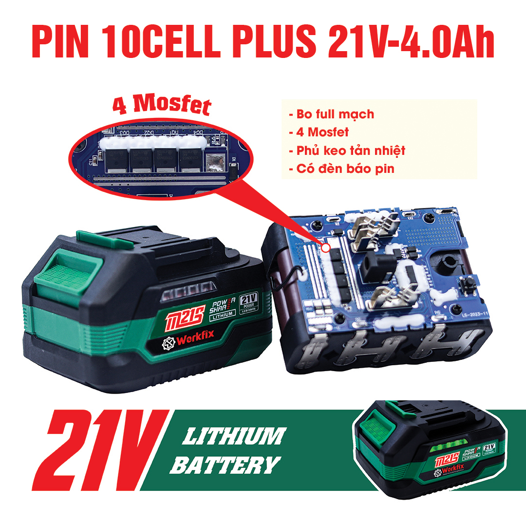 Pin máy khoan 10cell plus Workfix, pin 5cell, pin 10cell, pin 15cll cao cấp ,chân pin phổ thông, bảo hành chính hãng