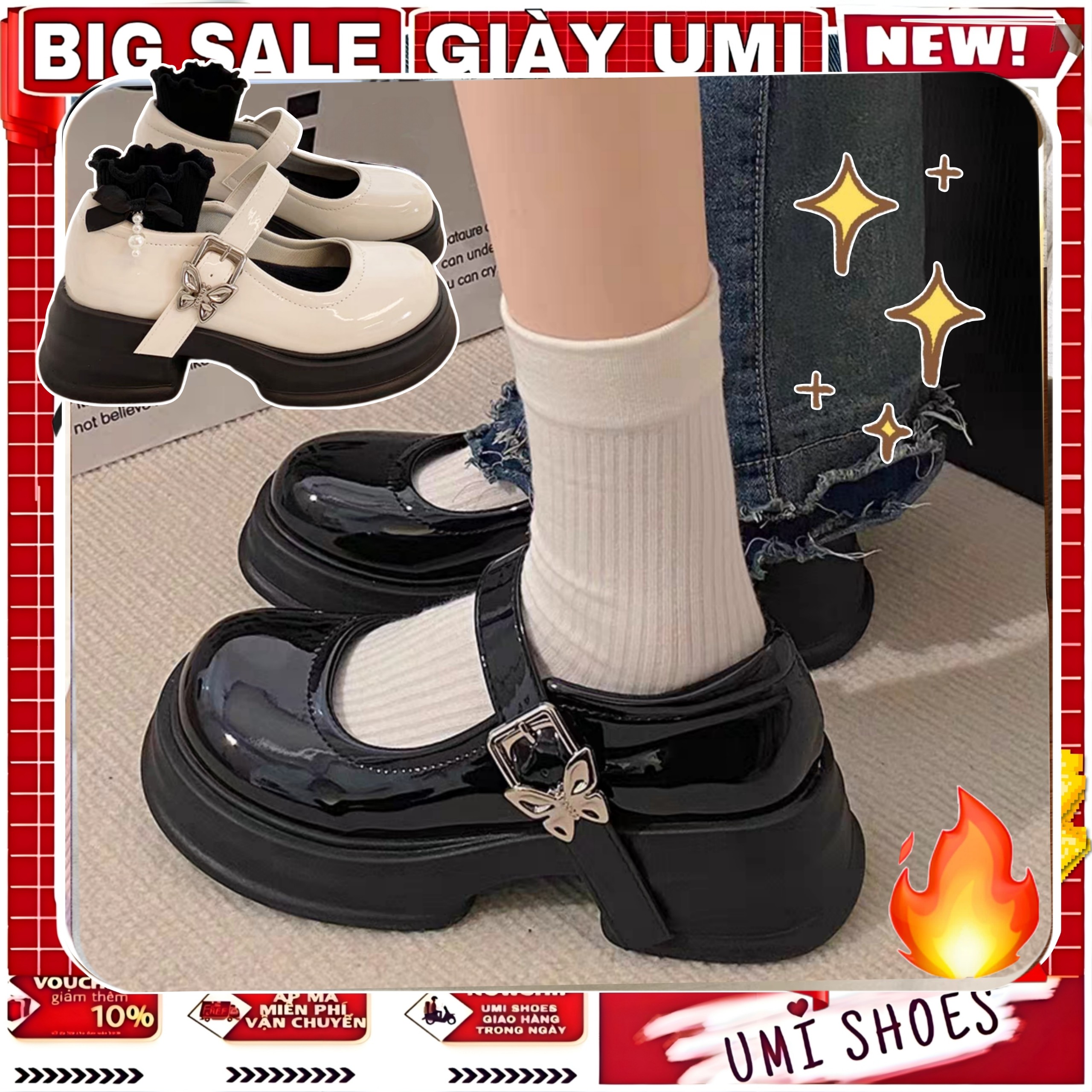 Giày Mary Jane Nữ MOTBIM Ulzzang Đế Bằng Cao 5cm búp bê Lolita cute quai cài OXFORD da bóng/lì mới xinh đẹp mũi tròn hot
