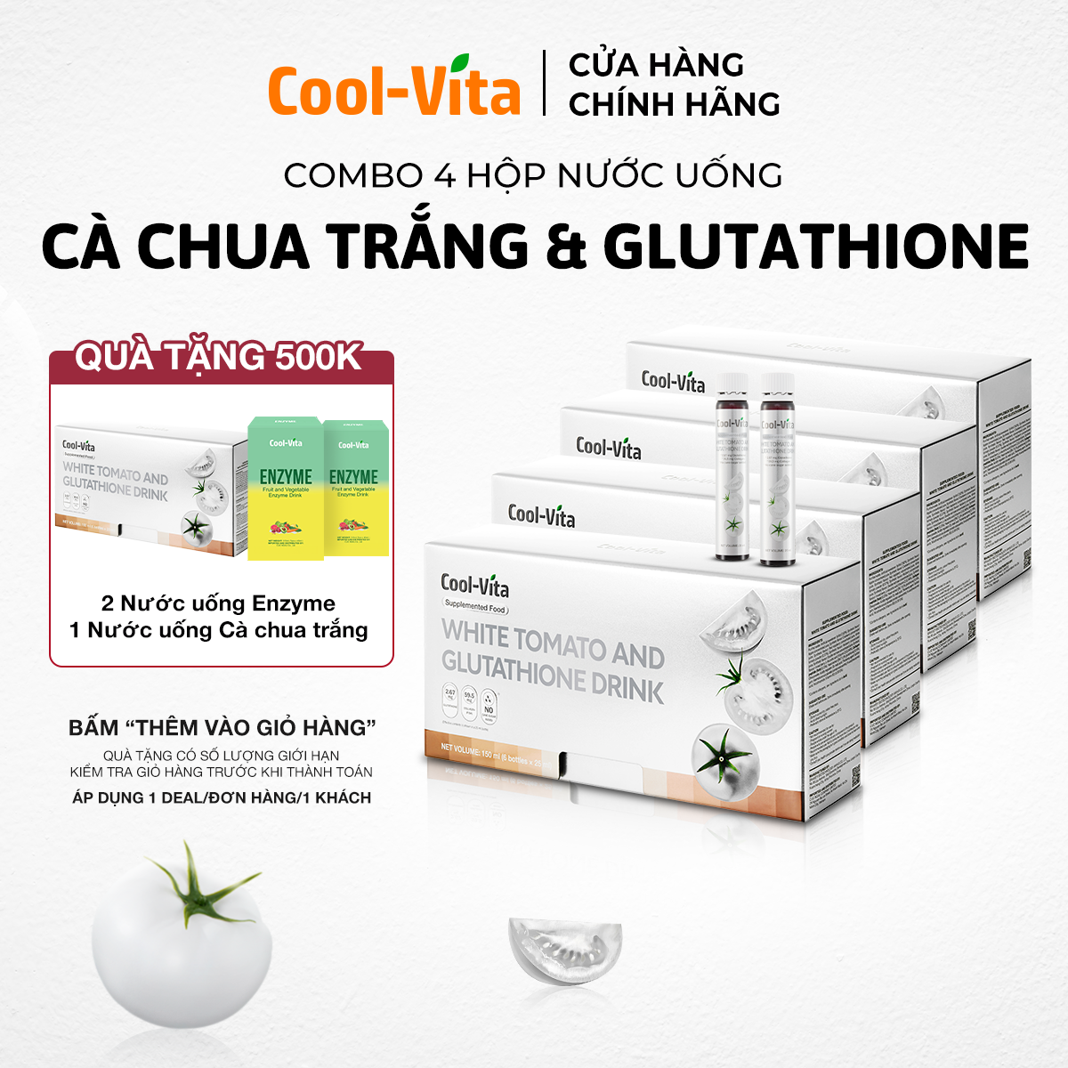 Combo 4 Hộp Nước Uống Cà Chua Trắng Hỗ Trợ Sáng Da Kết Hợp Glutathione, Niacinamide, Collagen Peptide, Vitamin C Coolvita Hỗ Trợ Đều Màu Da Dưỡng Da Ẩm Mịn (6 chai × 25 ml)/hộp - Thực Phẩm Bổ Sung