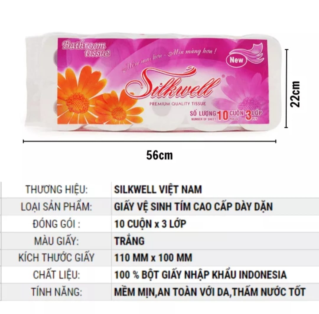 Giấy vệ sinh Silkwell Tím 10 cuộn 3 lớp có lõi cao cấp, giấy vệ sinh siêu mềm mịn không tẩy trắng nặng 1.6kg