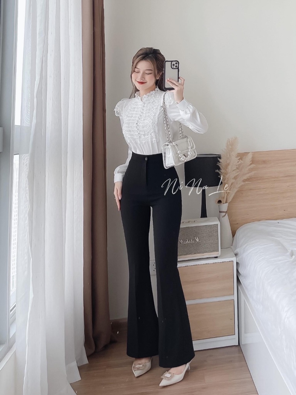 Quần tây nữ ống loe cạp cao vải tuyết mưa dày dặn cao cấp form chuẩn đẹp TU