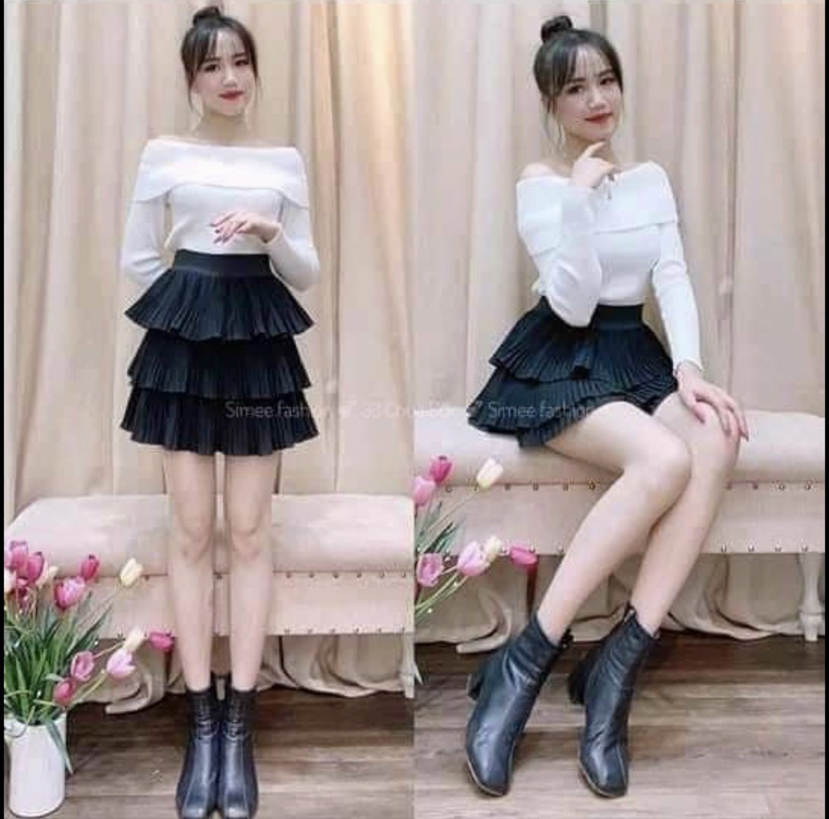 Chân váy 3 tầng dập ly lưng thun