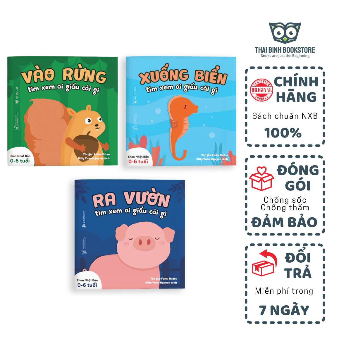 Sách - Ehon Nhật Bản - Song Ngữ Anh - Việt - Ai Giấu Cái Gì - Combo Bộ 3 Quyển (Bé 0-4 Tuổi) - "Vào Rừng Xem Ai Giấu Cái Gì?"  "Ra Vườn Xem Ai Giấu Cái Gì?"  "Xuống Biển Xem Ai Giấu Cái Gì?" -  Fuku Mitsu - Thái Bình Bookstore - Thương hiệu Wabooks Giá 117,000 Đồng*Miễn phí vận chuyển