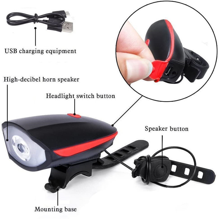 Đèn xe đạp có còi Pin sạc USB Đèn pha LED T6 chống thấm nước Vỏ nhôm Đèn xe đạp Đèn pha siêu sáng có nhiều chế độ