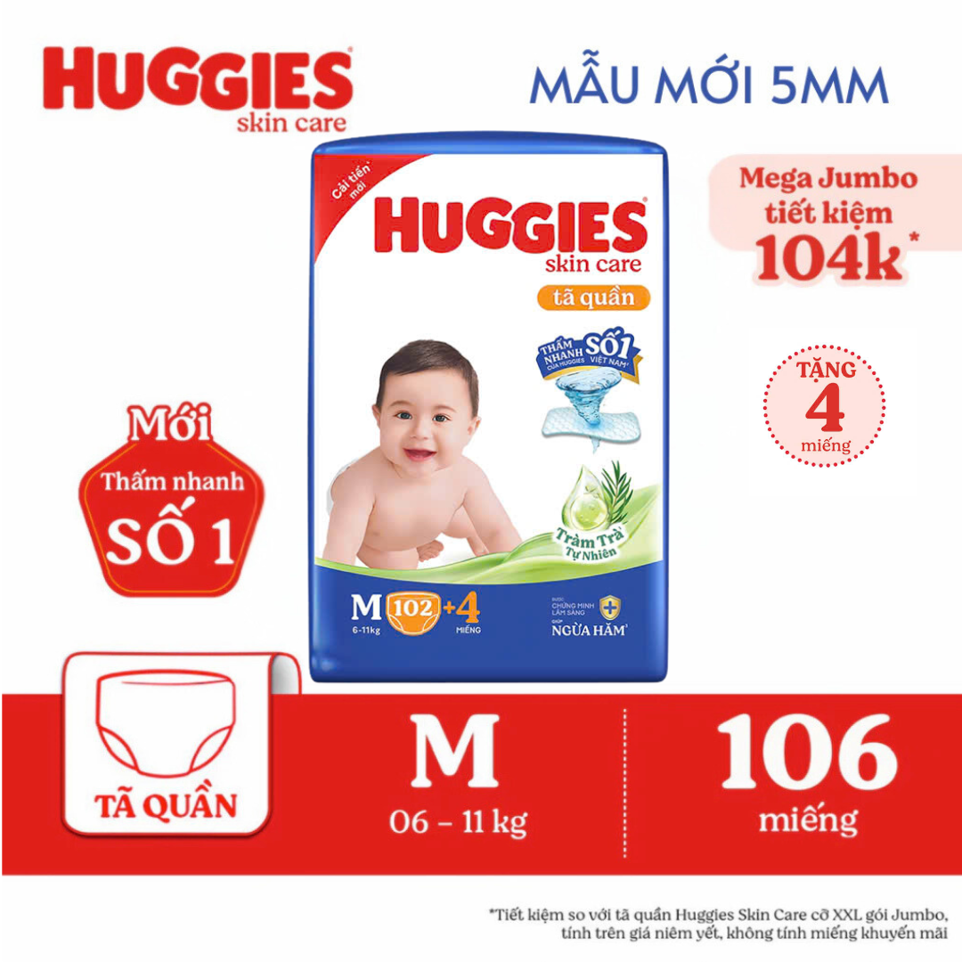 TÃ QUẦN Huggies Skin Care MEGA JUMBO Tràm Trà Tự Nhiên