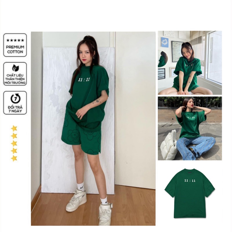 Áo thun unisex young green màu xanh in 11:11 chất liệu thun cotton vải 250g, áo thun form rộng cho nam và nữ