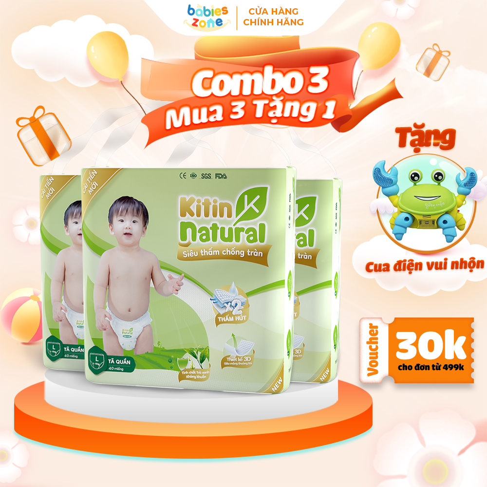 Combo 3 bịch Tã, Bỉm Dán kháng, chống hăm khuẩn tinh chất trà xanh Kitin Natural