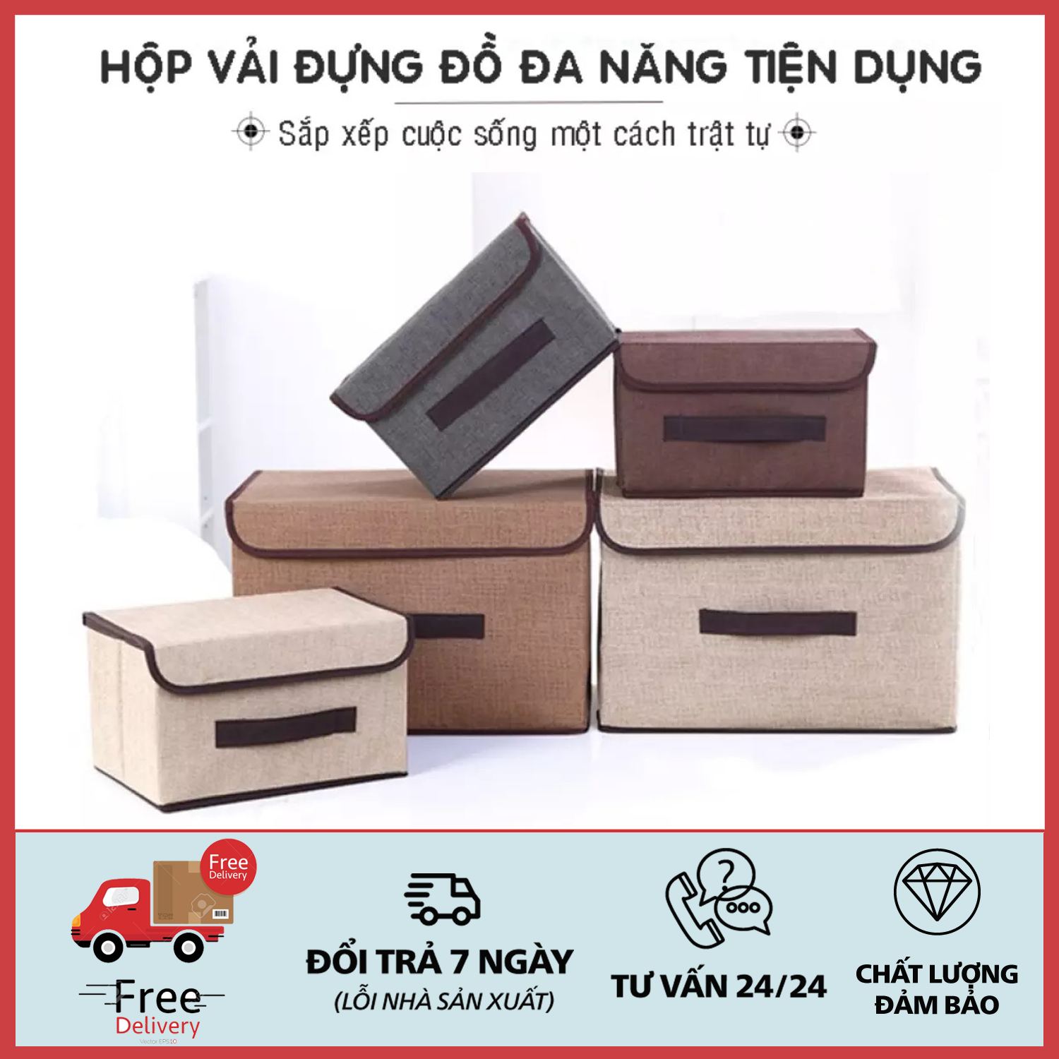 Combo 2 hộp vải đựng đồ -Hộp vải đựng đồ gấp gọn phong cách Nhật Bản - Bộ 2 hộp vải đựng đồ , thùng đựng quần áo đồ chơi, mĩ phẩm đa năng bằng vải cứng cắp có nắp đậy tiện dụng siêu đẹp