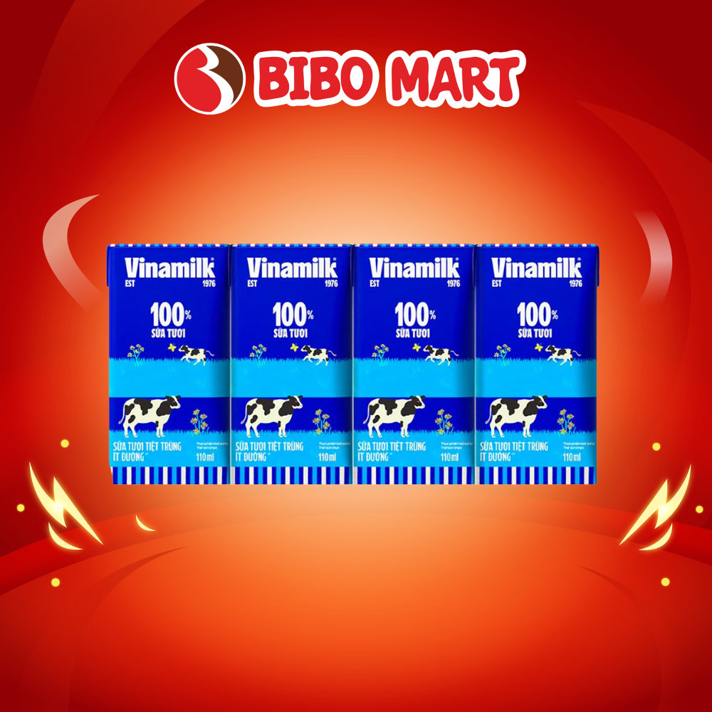 Lốc 4 Hộp Sữa Tươi Tiệt Trùng Vinamilk Ít Đường 110ml/180ml Hỗ Trợ Cơ Thể Hấp Thu Canxi - Bibo Mart