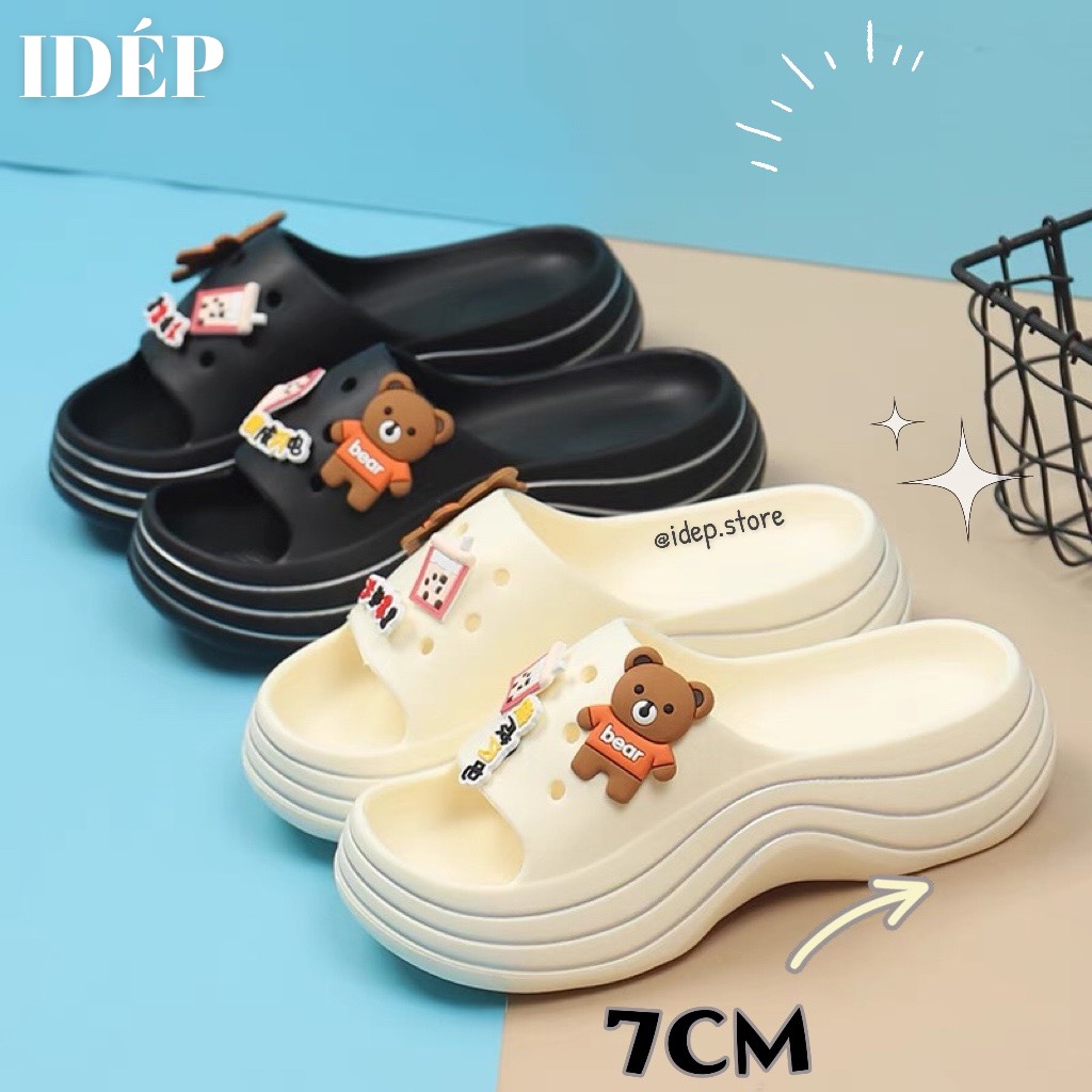 (HCM) Dép nữ đế cao 7 phân gắn sticker cute, Dép bánh mì nữ quai ngang đế độn tăng chiều cao siêu nh