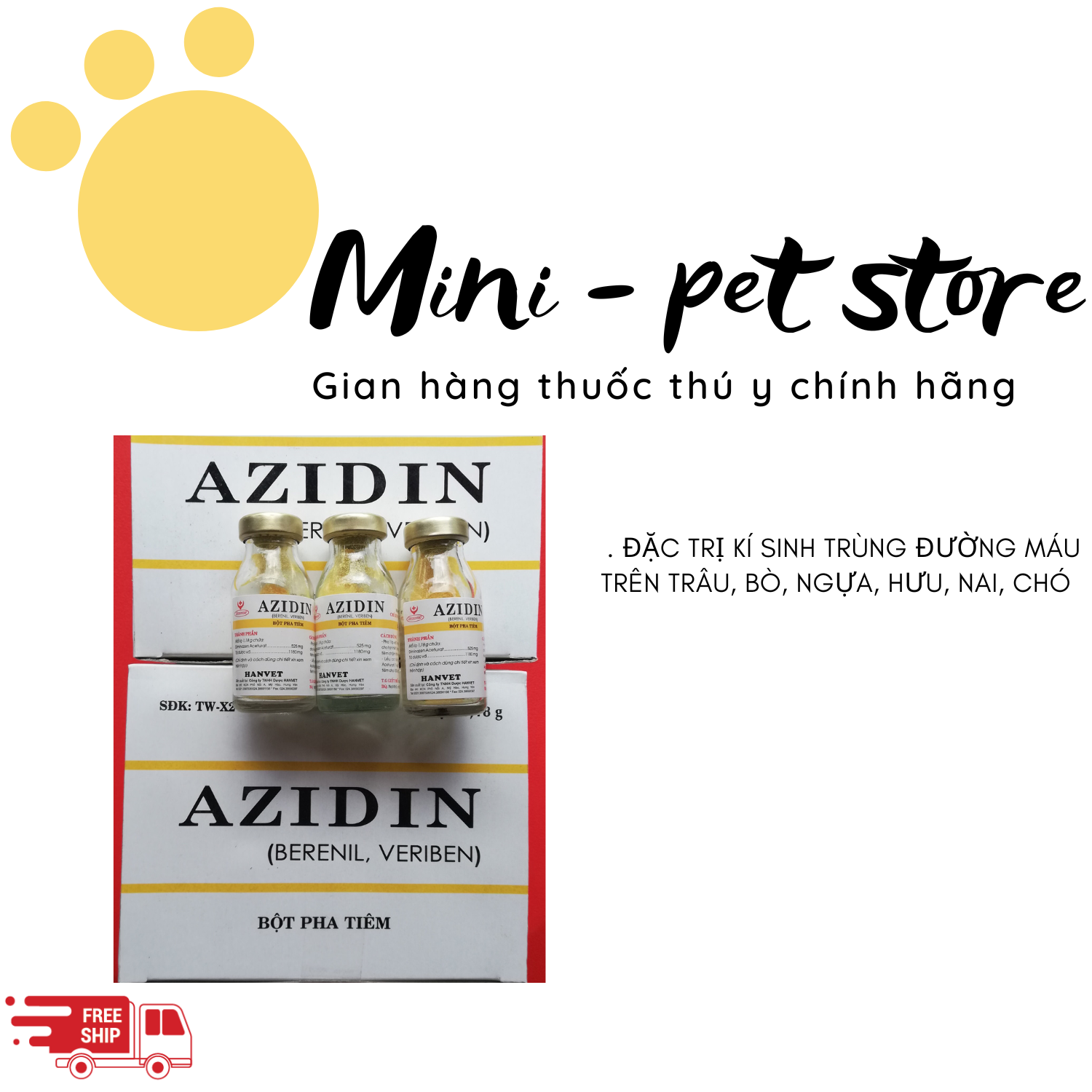 [combo 5 lọ+ tặng 1 lọ sinh lý] KHÁNG SINH] AZIDIN ( BERENIL ) ký sinh trùng đường máu, tiêm mao trùng ở trâu, bò, ngựa, chó -  THÚ Y HANVET. TẶNG KÈM 2 LỌ NƯỚC PHA DẠNG BỘT PHA TIÊM