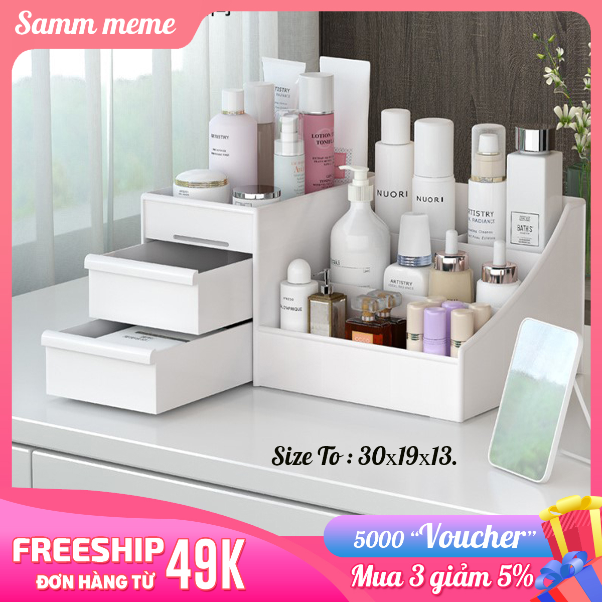 Kệ Đựng Đồ Mỹ Phẩm 3 Tầng Mini - Tủ đựng đồ trang điểm mini có 3 ngăn kéo tiện dụng