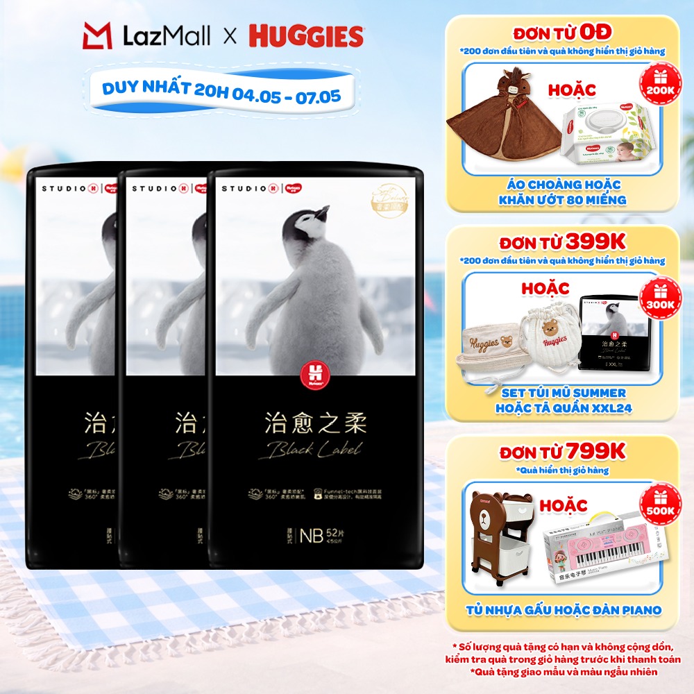 Combo/Thùng 3 gói Tã dán Huggies Black Label size NB 52/S 44 miếng