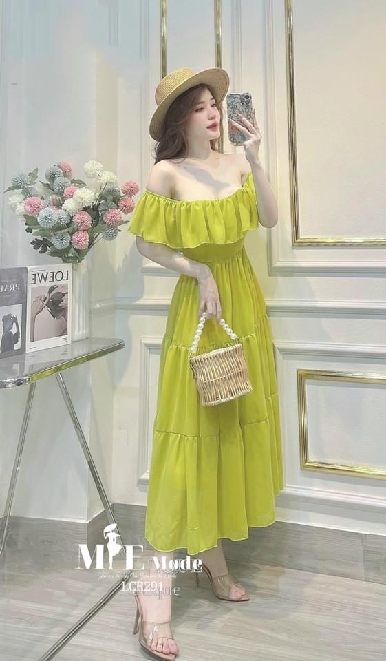 Đầm maxi trễ vai chất đũi dáng dài chun eo 3 tầng, váy đi biển đi du lịch điệu đà