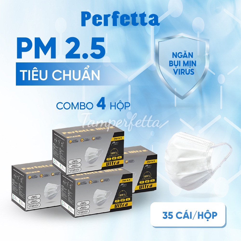 [HCM]Combo 4 Hộp Khẩu Trang Y Tế 4 Lớp Cao Cấp Perfetta Utra PM 2.5 Kháng Khuẩn ngăn bụi mịn-Hàng đạt chuẩn xuất Châu Âu