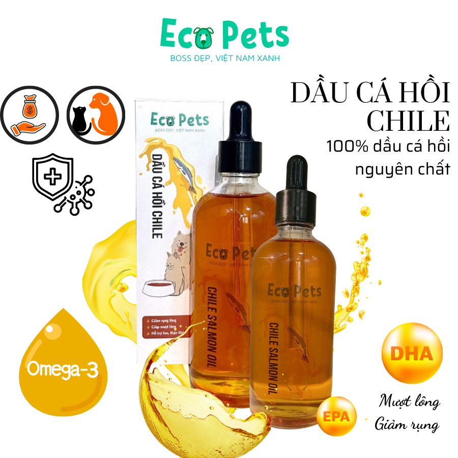 Dầu cá cho mèo dầu cá hồi Chile ECOPETS bổ sung omega 3 giúp mượt lông, giảm rụng lông 100ML dầu cá hồi cho cún