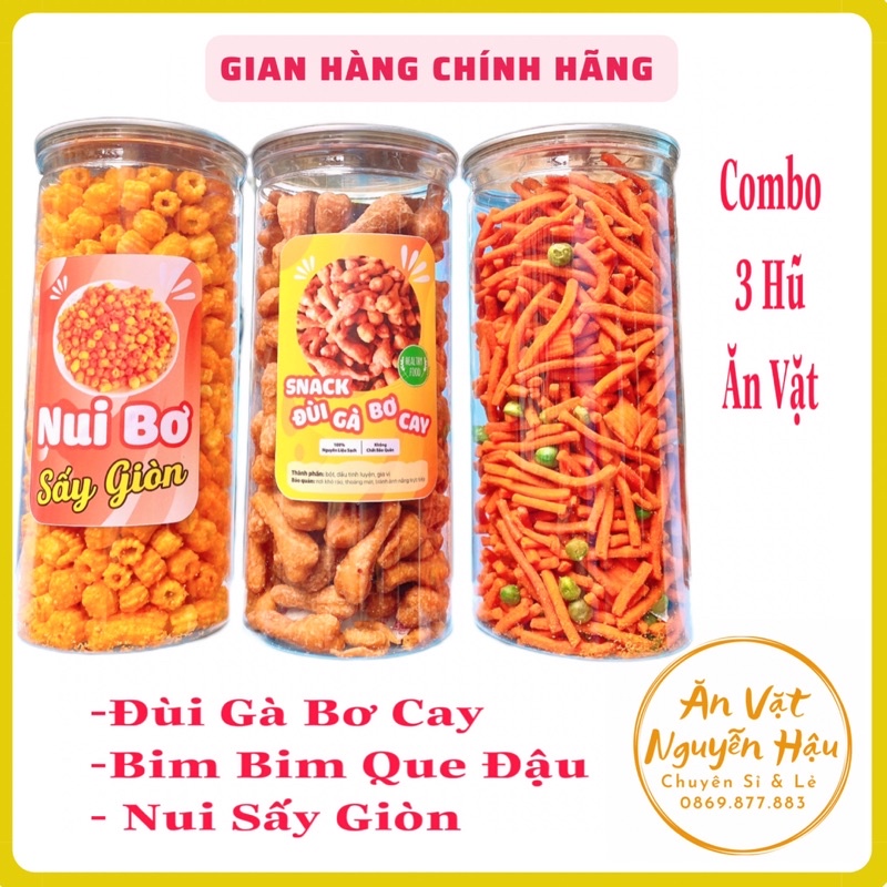 COMBO TIẾT KIỆM 3 hũ ăn vặt tuổi thơ: Nui bơ sấy giòn, đùi gà bơ cay, bim bim que đậu