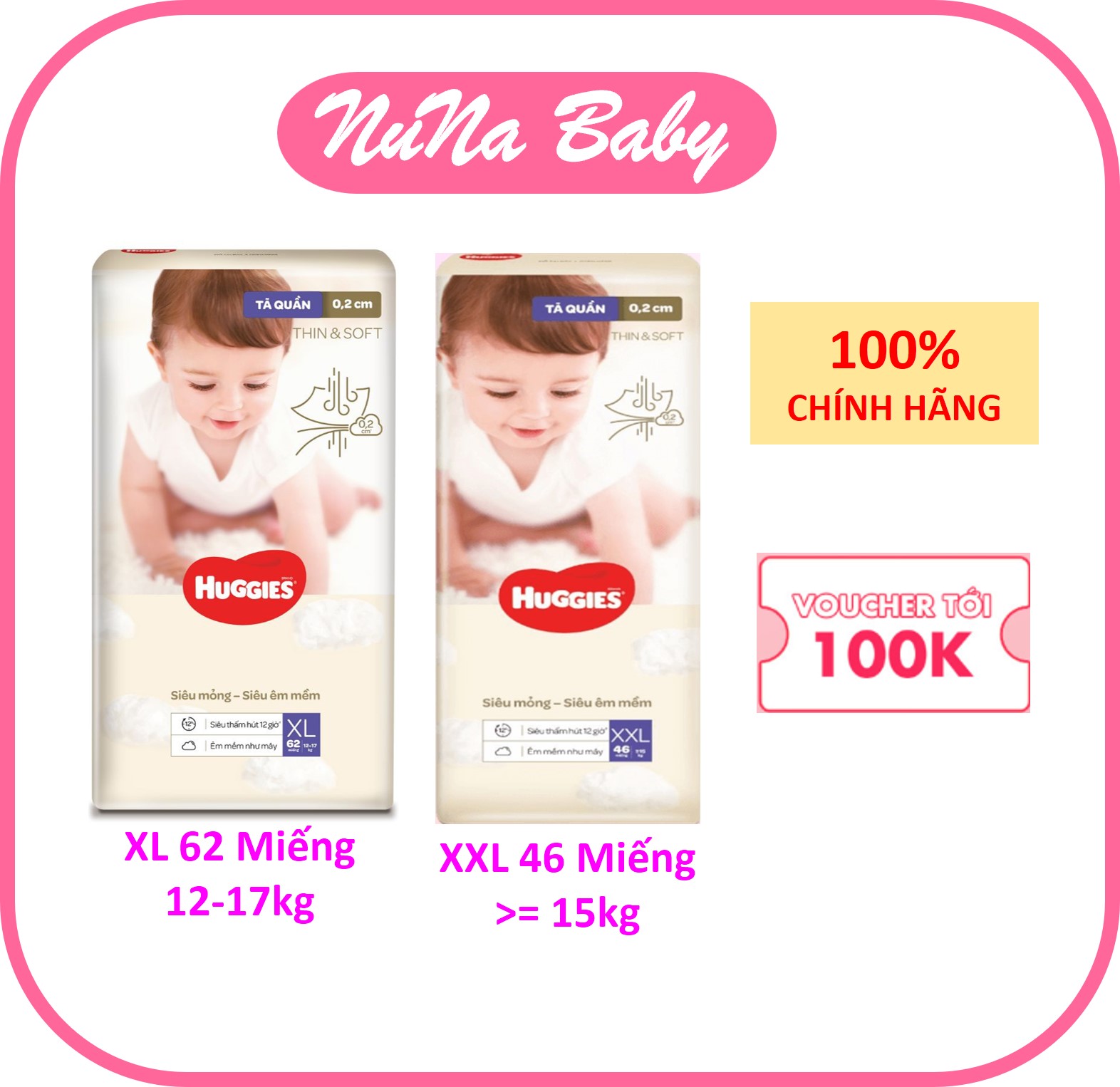 Bỉm tã quần Huggies Thin & Soft 2 mm size XL62, XXL46 miếng
