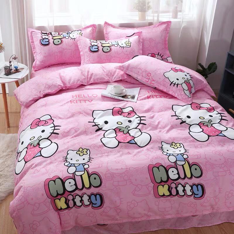 Set 4 món ga, 2 gối, vỏ chăn lồng ruột mẫu kitty thiên thần