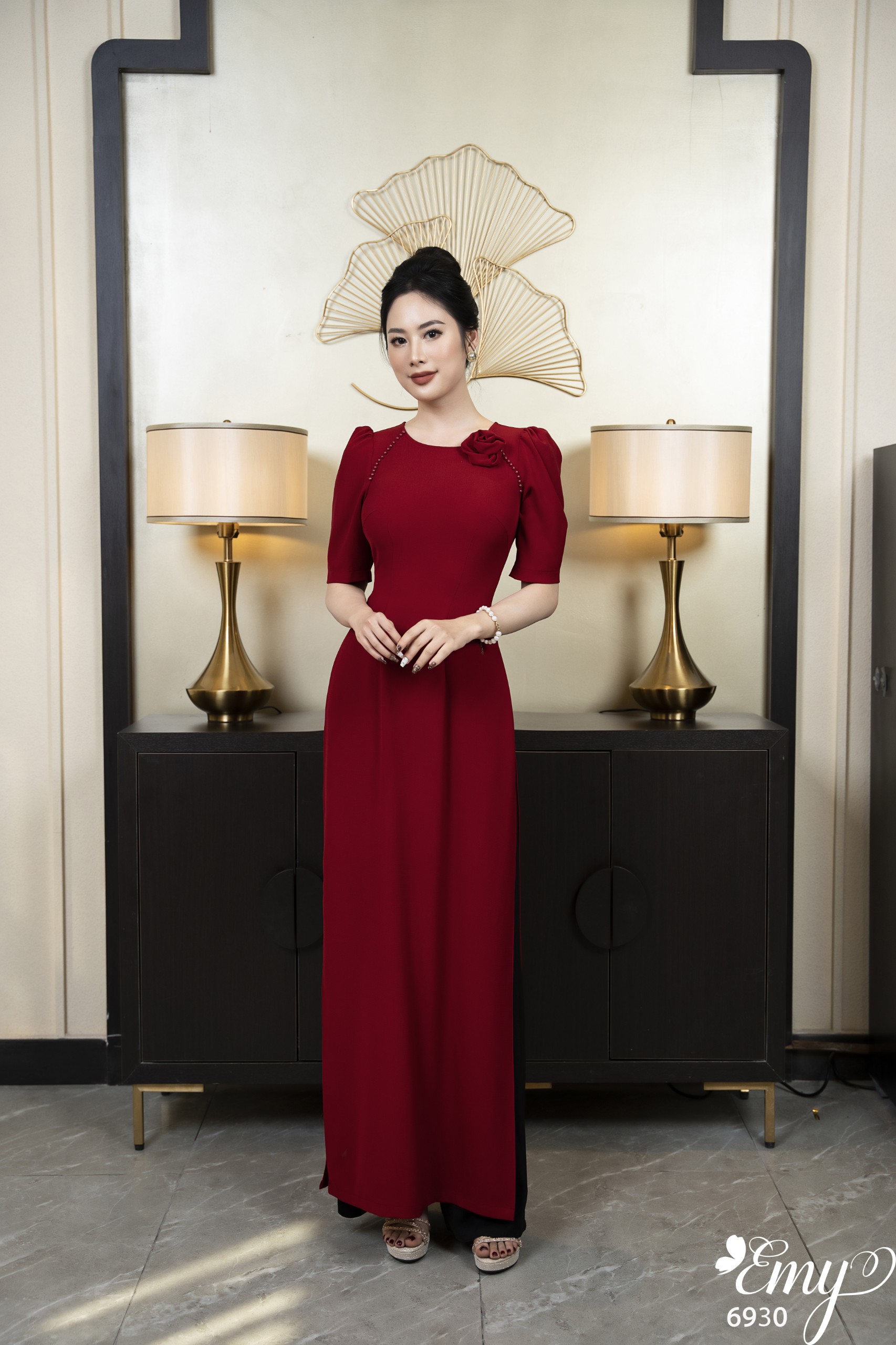 Set áo dài emy em6930 đỏ trơn