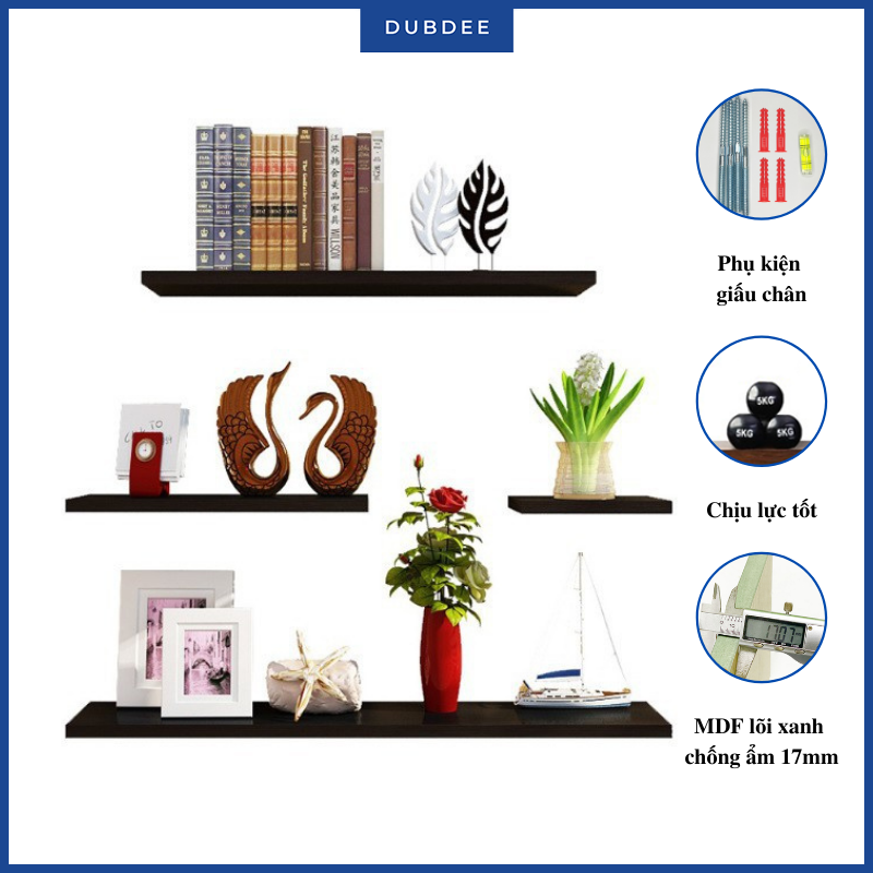 Bộ 4 Kệ Thanh Ngang Treo Tường Trang Trí Kết Cấu Giấu Chân Dubdee Tặng Phụ Kiện Lắp Đặt (Nhiều Màu)