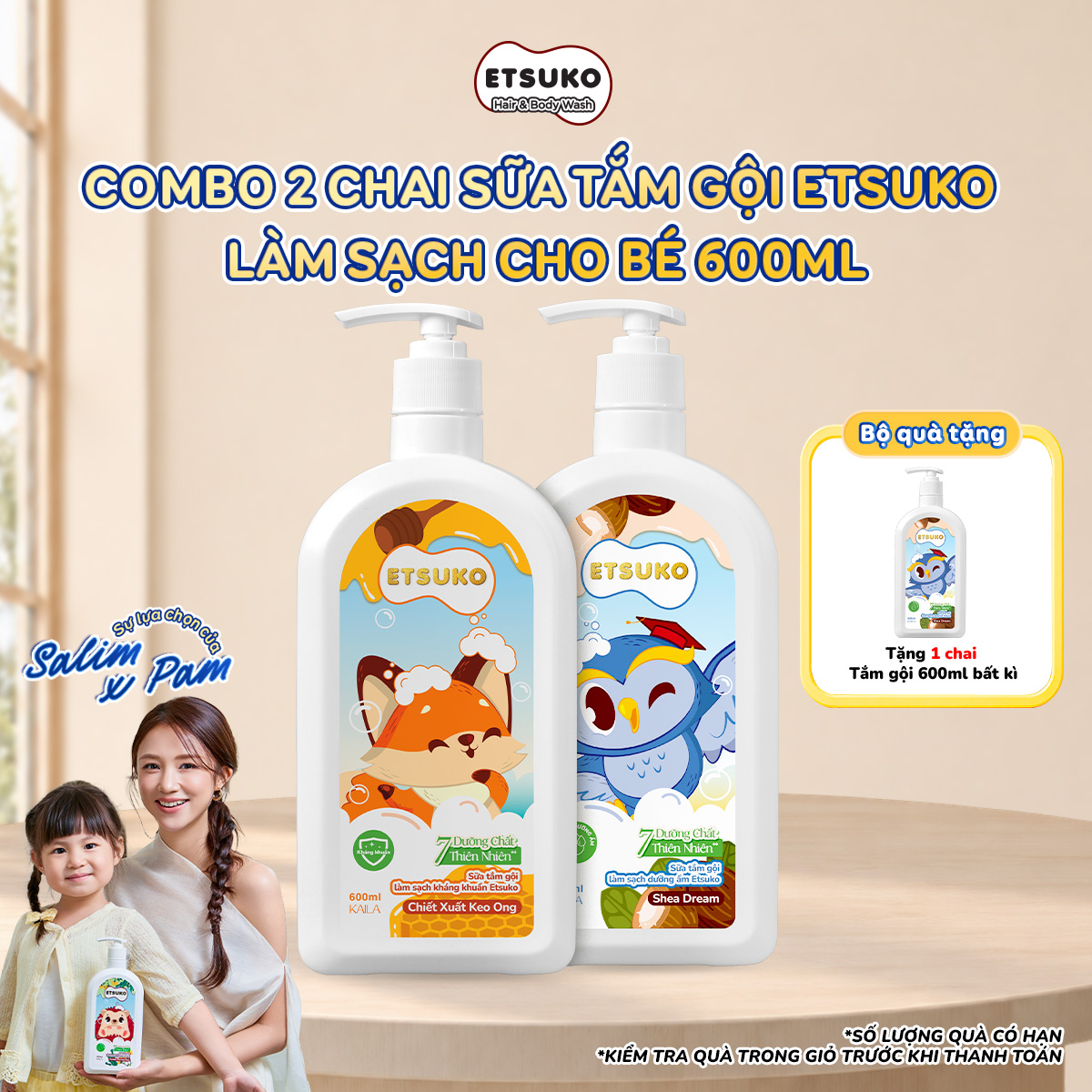 [MUA 2 TẶNG 1] Sữa Tắm Gội Làm Sạch Dưỡng Ẩm / Kháng Khuẩn ETSUKO 600ml Cho Bé Từ 3 Tuổi Trở Lên.