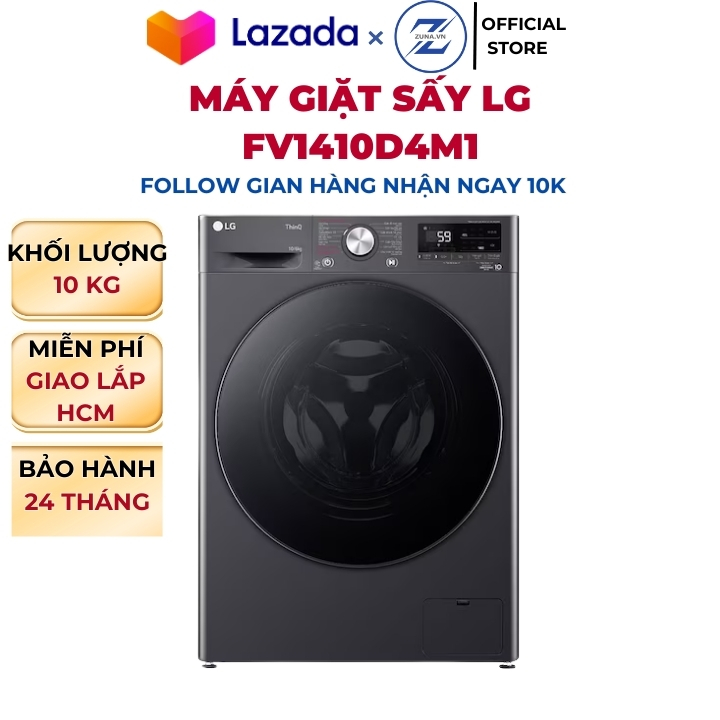 Máy giặt sấy cửa ngang Inverter LG 10KG FV1410D4M1 - Bảo hành 24 tháng - 10KG giặt - 6KG sấy