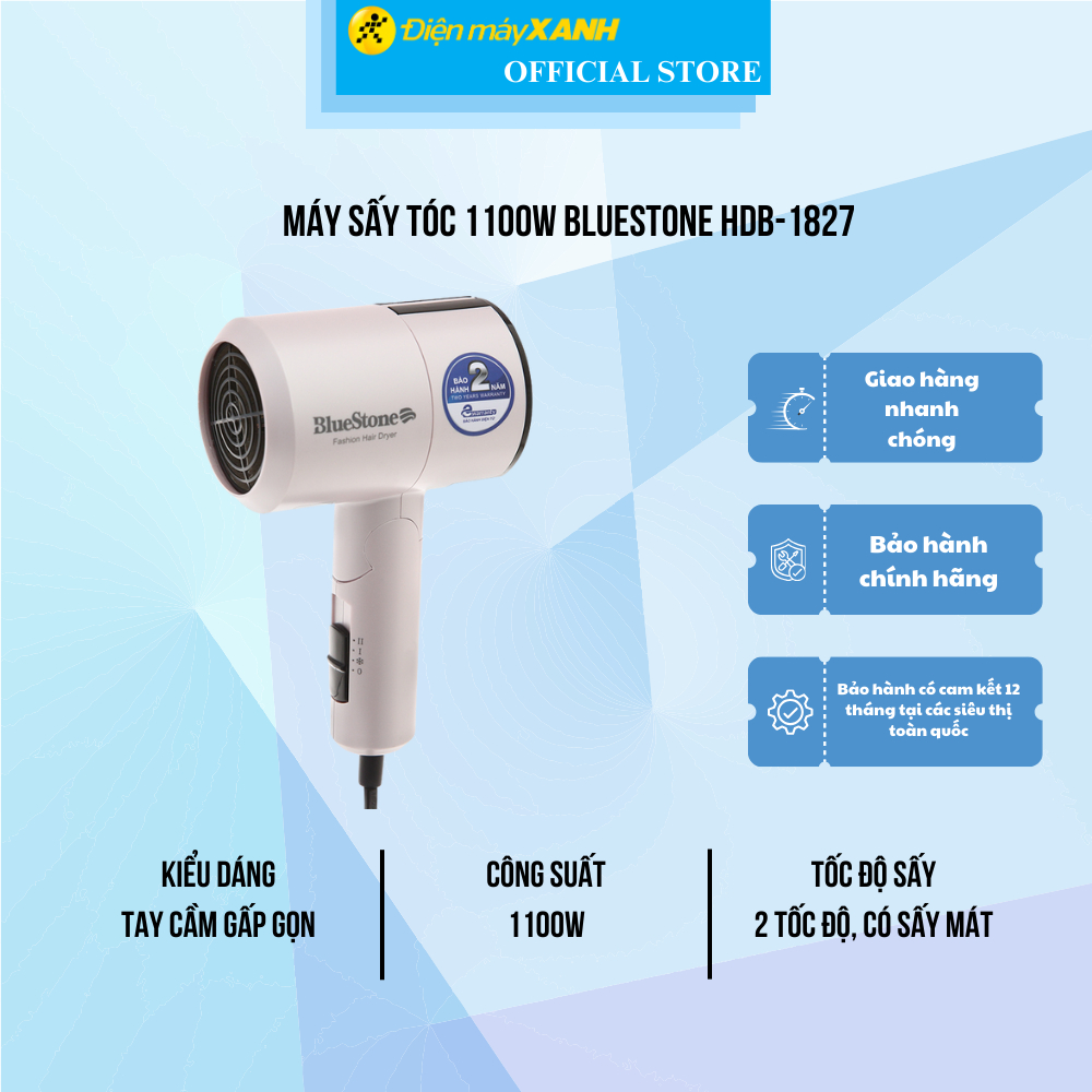 Máy sấy tóc bluestone hdb-1827 1100w gấp gọn 3 tốc độ sấy - chính hãng bh 12 tháng