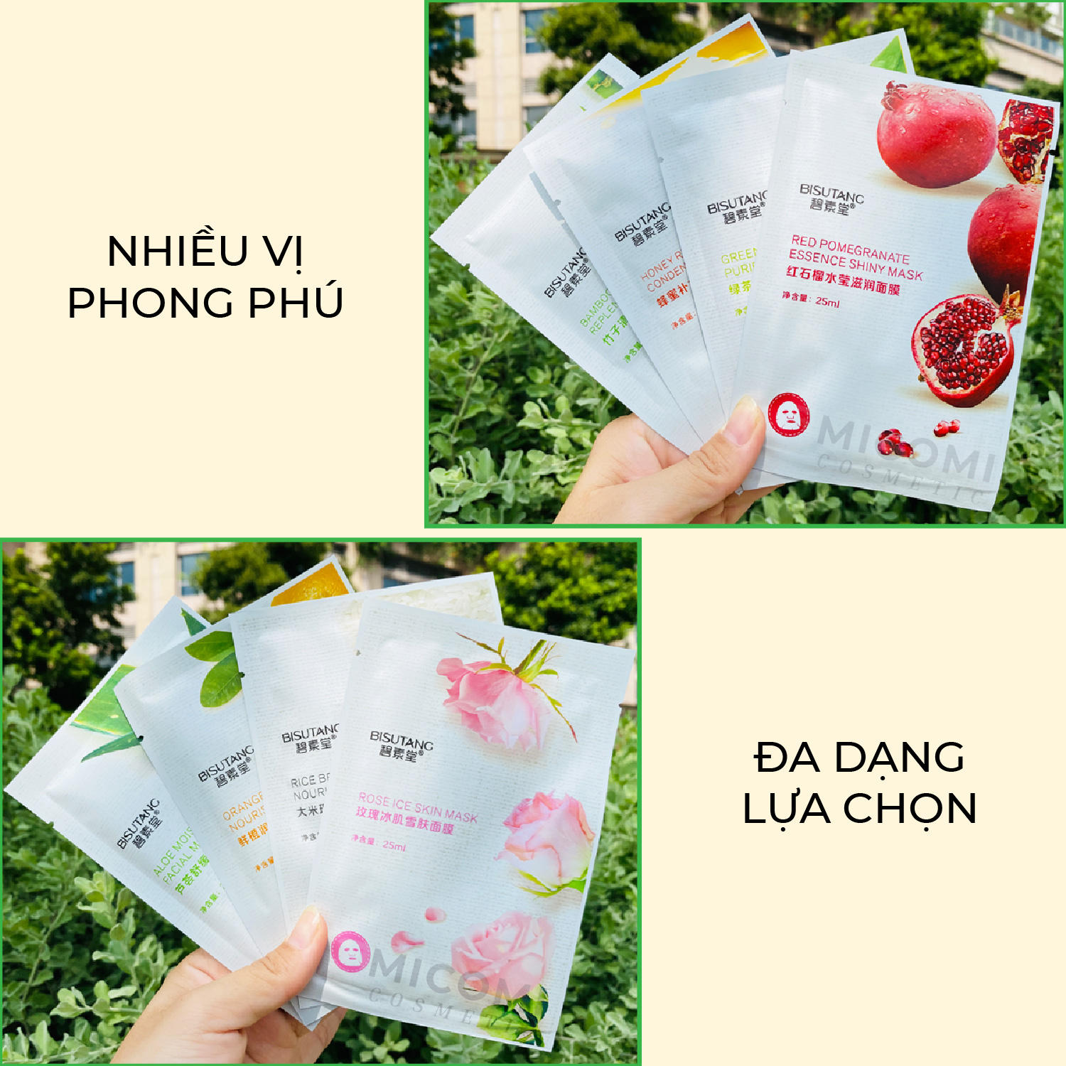 Mặt Nạ Trái Cây 8 Vị Dưỡng Trắng Da Cấp Ẩm Giảm Mụn Mask Giấy Đắp Mặt Rainbow Bisutan Cao Cấp Nội Địa Trυng MICOMI Cosmetics Trà xanh l Gạo l Tre l Nha đam Lô hội l Mật ong l Hoa hồng l Lựu l Cam