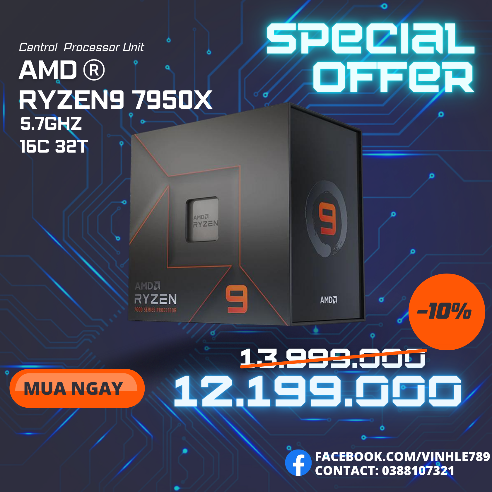 CPU AMD Ryzen 9 7950X  4.5GHz Boost 5.7GHz 16 nhân 32 luồng 81MB AM5 NEW