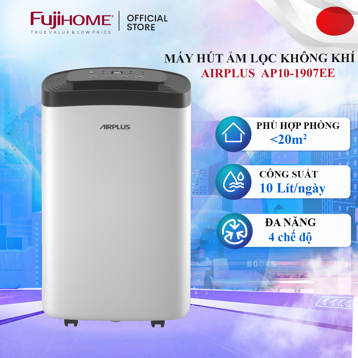 Máy hút ẩm lọc không khí 20m2 AIRPLUS AP10-1907EE thương hiệu Mỹ nhập khẩu, công nghệ máy nén Block kháng khuẩn khử mùi