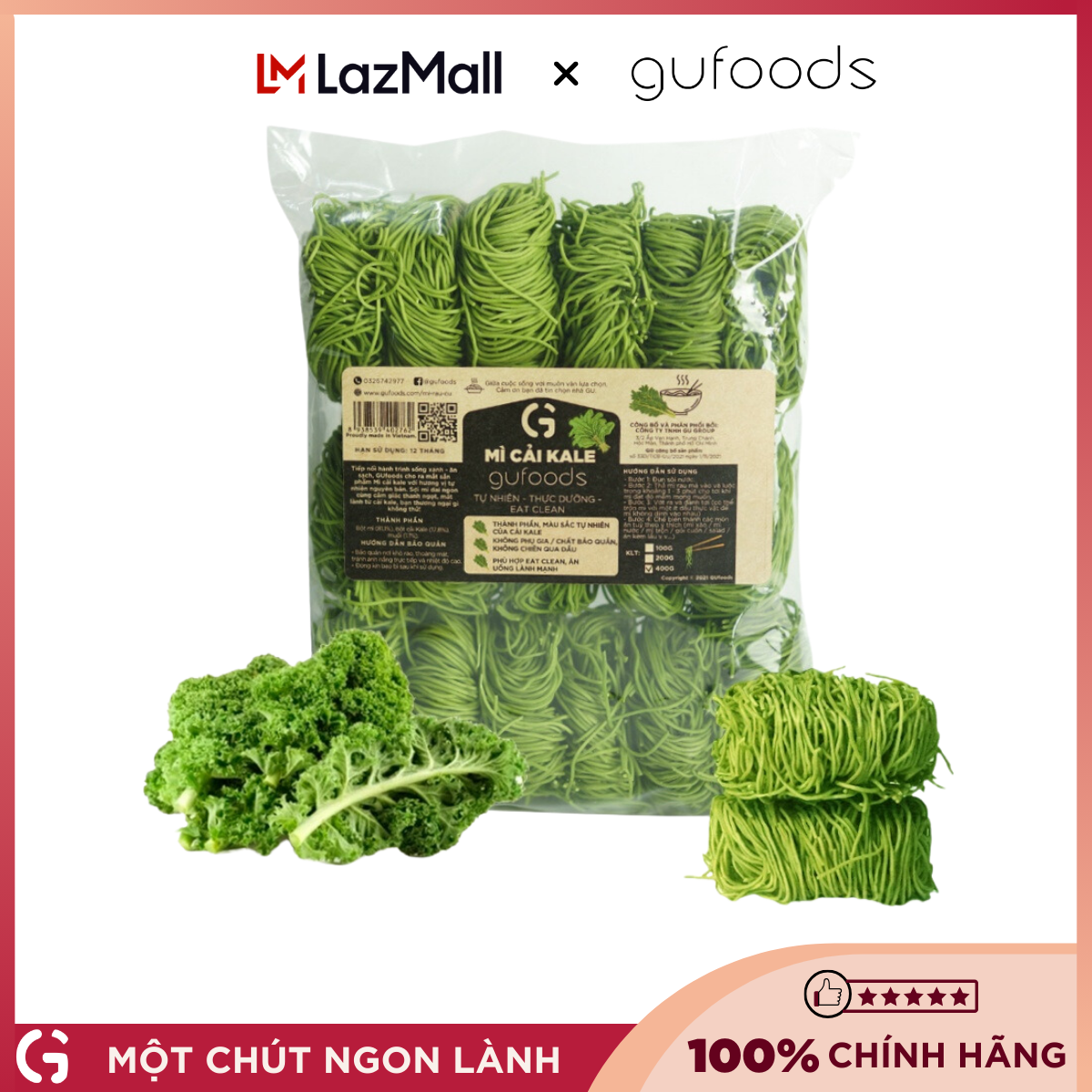 Mì cải kale (cải xoăn) GUfoods - Màu xanh tự nhiên, Giàu chất xơ, Bổ sung vitamin, Eat clean