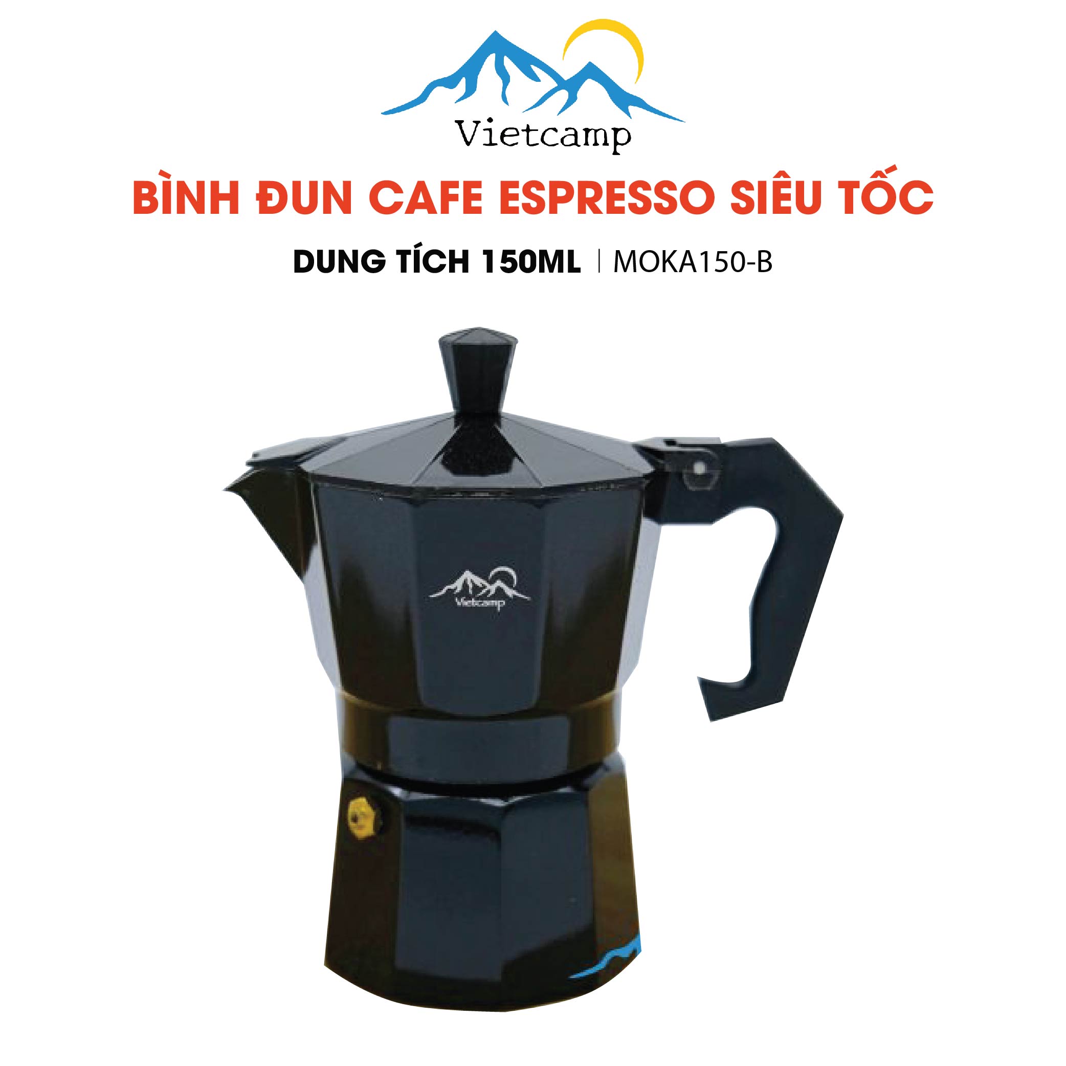 Bình đun cafe Espresso siêu tốc Moka Pot - 150 ml nước - 15 gram cafe - Màu đen - Chất liệu nhôm - Pha được 5 shot