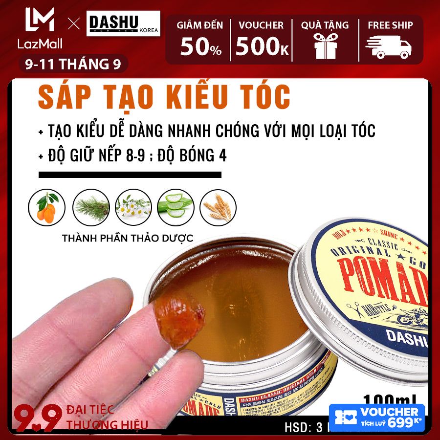 Pomade vuốt tóc tạo kiểu Hàn Quốc Dashu Classic Original Gold Pomade 100g(Có hướng dẫn sử dụng, nhận biết các loại Pomade, Pomade là gì) thành phần thảo dược, gốc nước phù hợp mọi loại tóc, độ bóng 4, giữ nếp 8-9.