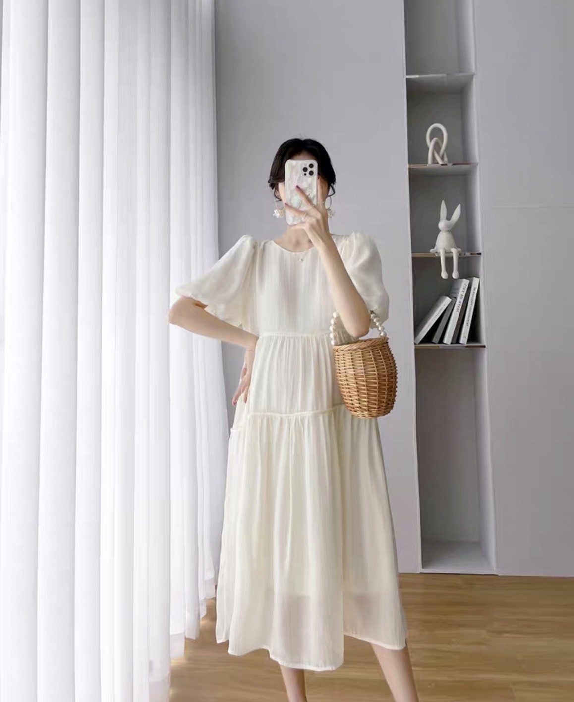 Váy bầu dự tiệc đẹp FREESHIP đầm bầu babydoll màu kem