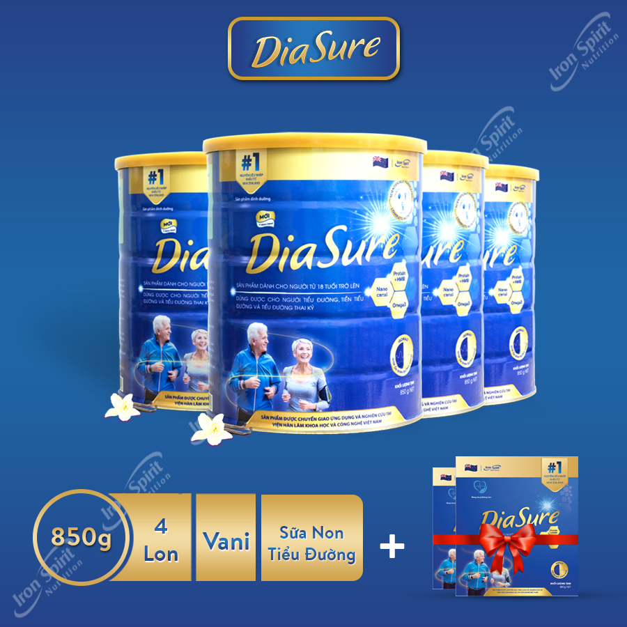 Mua 4 Tặng 2 Sữa non Diasure chính hãng lon sắt 850g - Cung cấp toàn diện dinh dưỡng cho người tiểu đường Mua 4 lon 850g tặng 2 hộp giấy 450g