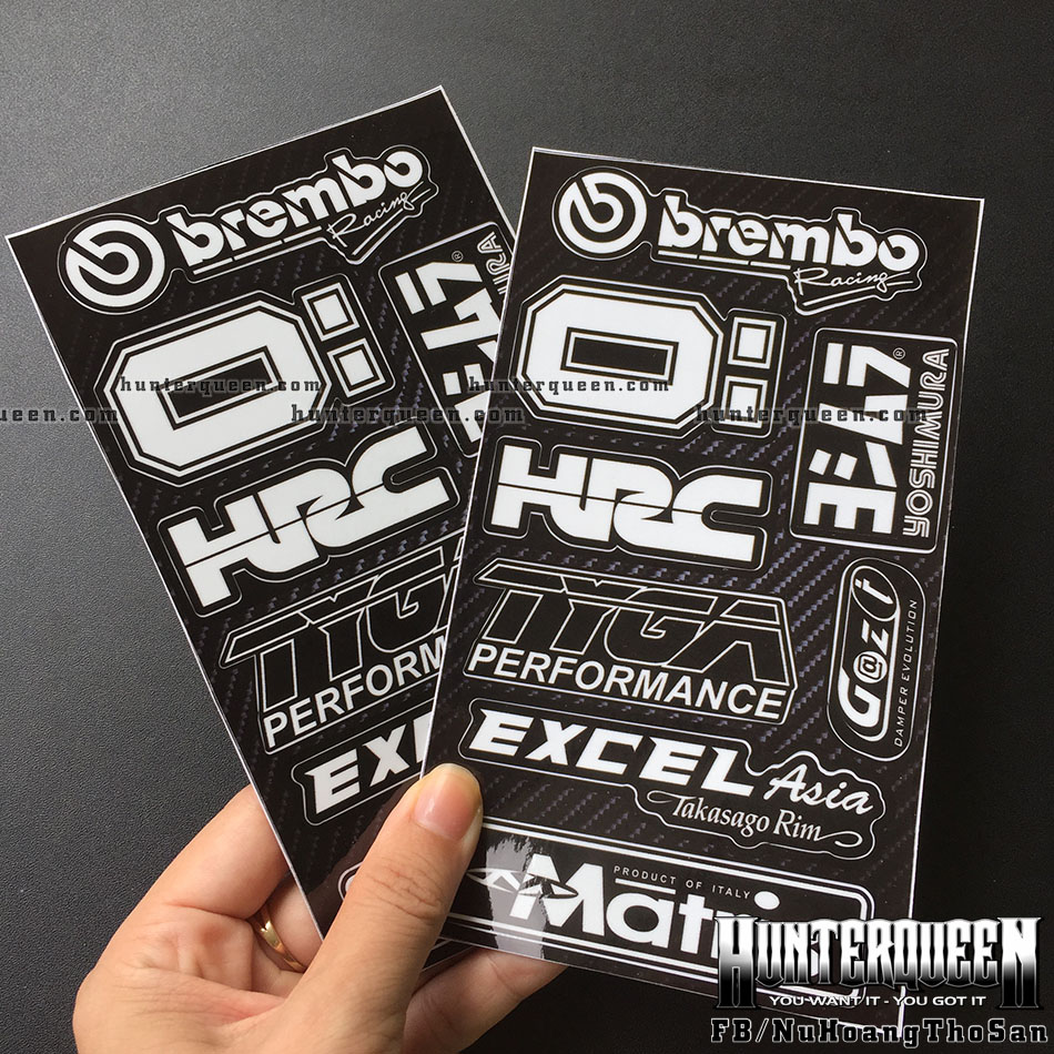 Cặp tem trắng đen Brembo-Ohlins, logo dán xe chống nước, không bong tróc bay màu. Decal cao cấp