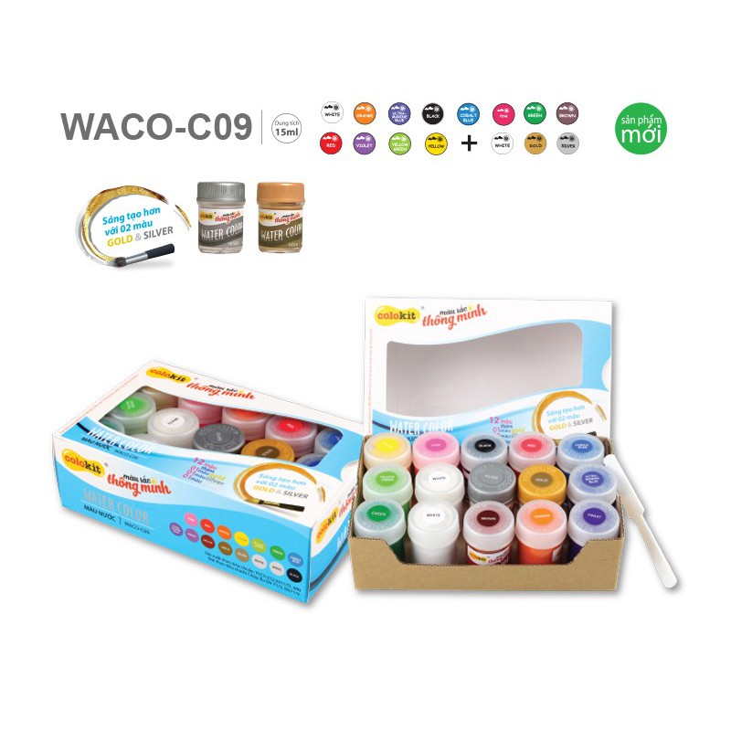 Màu nước mỹ thuật Colokit Waco-C09 với 2 màu sáng tạo đặc biệt gold & silver cam kết hàng đúng mô tả chất lượng đảm bảo không chứa hóa chất độc hại an toàn cho trẻ em