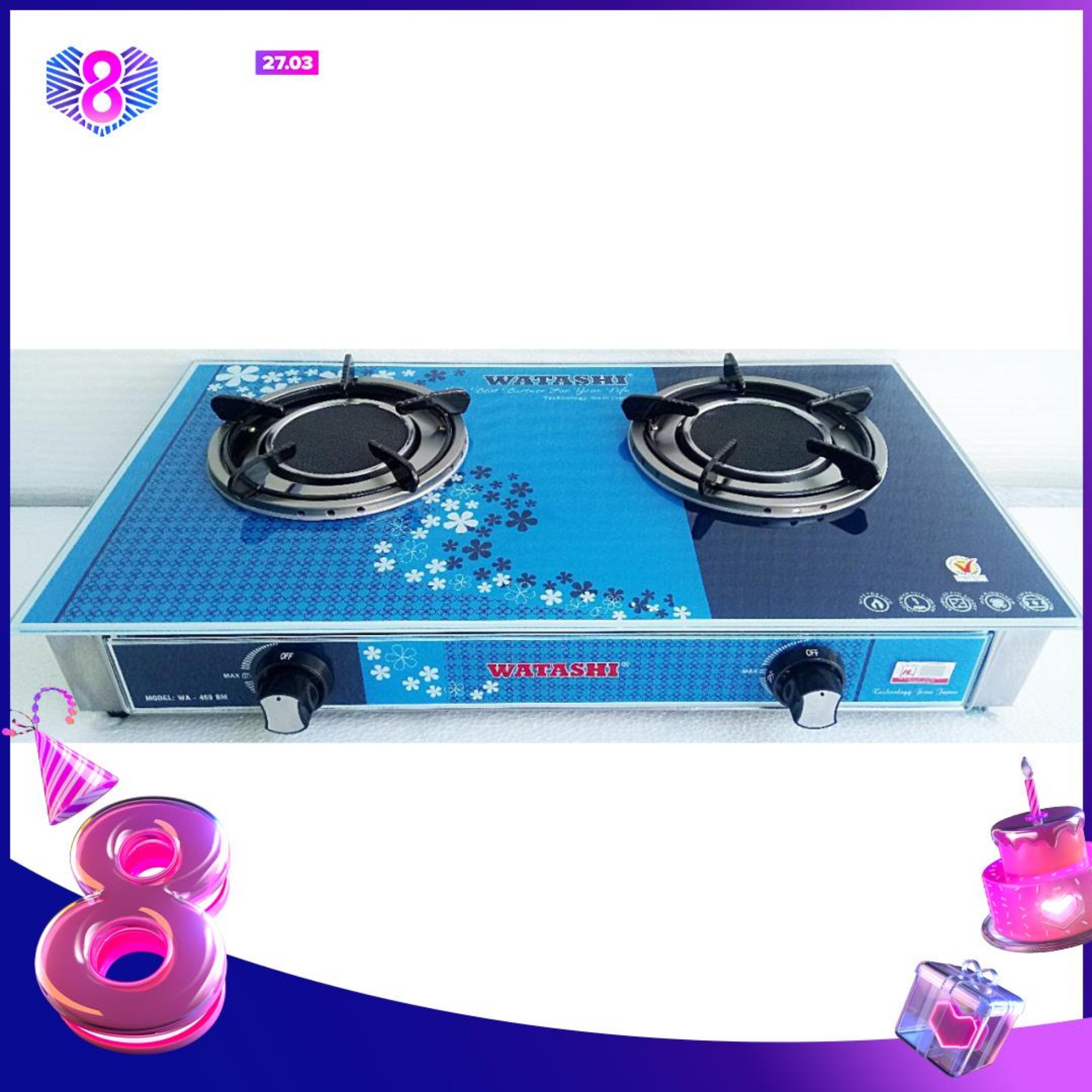 Bếp gas hồng ngoại cao cấp - Bếp gas đôi hồng ngoại WATASHI có chế độ hâm 469