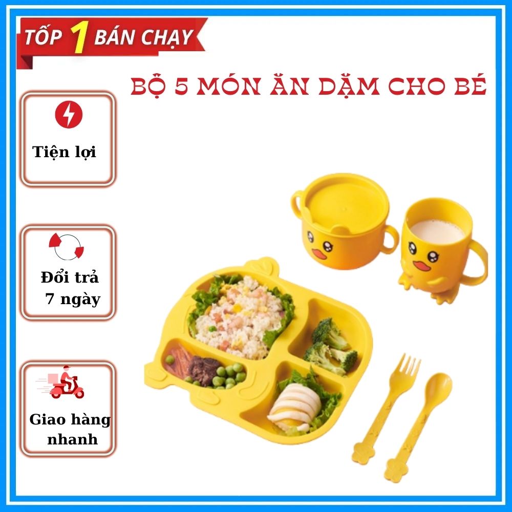Bộ 5 món ăn dặm vịt vàng cho bé, , Bộ khay bát cốc kèm thìa dĩa hình vịt vàng cho bé ăn dặm siêu đáng yêu cho bé