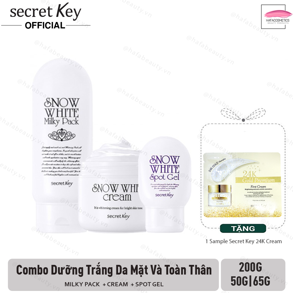 Combo Dưỡng Trắng Da Mặt Và Toàn Thân Snow White (Milky Pack 200g + Cream 50g + Spot Gel 65g)  + tặng kèm 1 Sample dưỡng da secret key